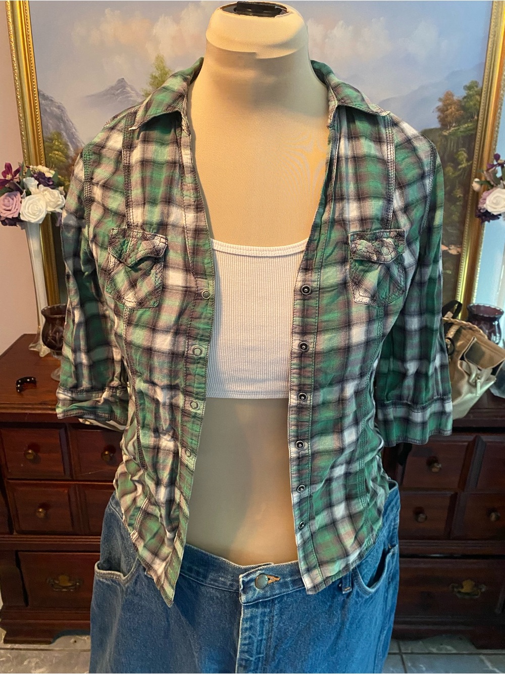 Vintage Arizona Jean Company Green and White Plaid Button-Down Shirt